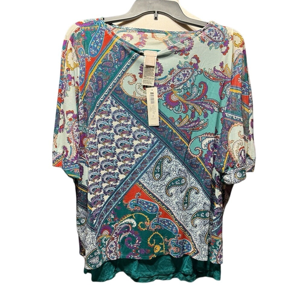 Chicos‎ Purple Paisley Overlay Tee Knit Top 3/4 Sleeve Multi Color Size 2 NEW